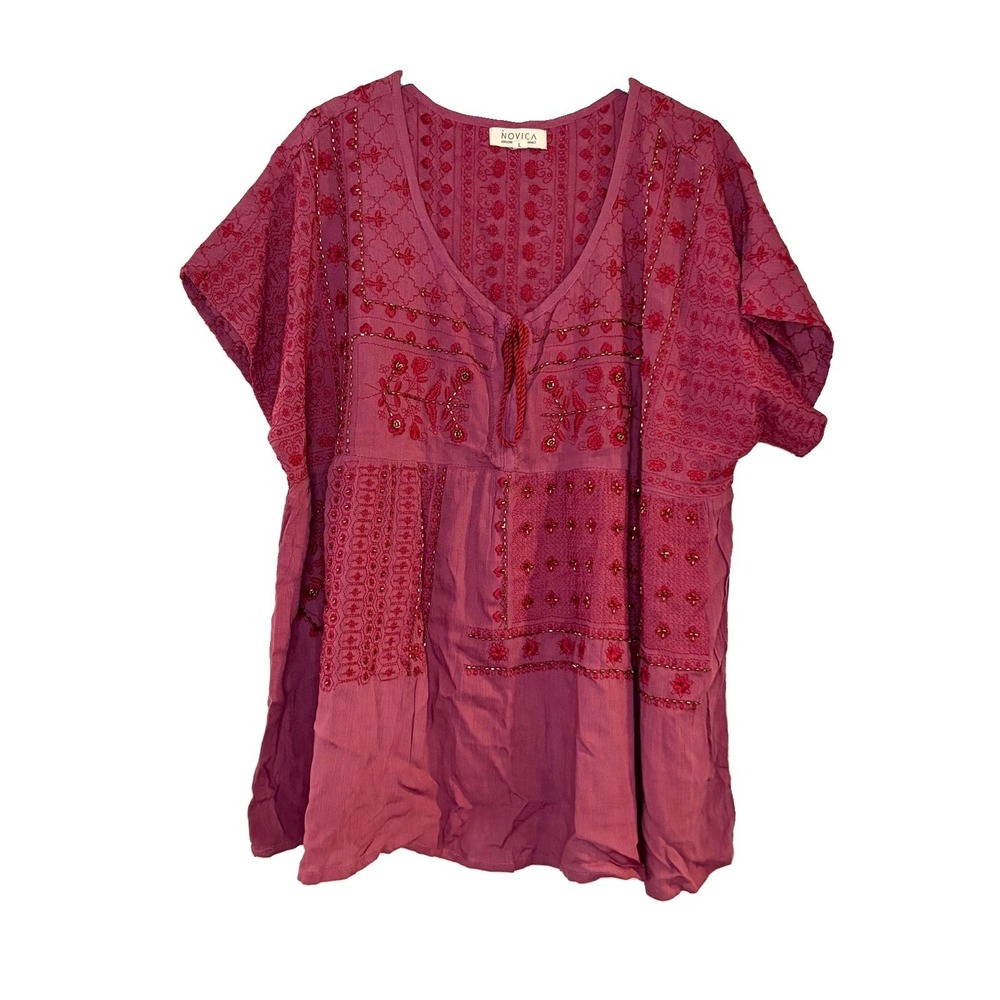 Novica Blouse Boho Peasant Beaded Embroidered Cottagecore Pink Hippie Loose L